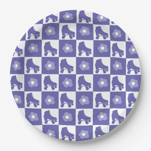 パープル市松模様にローラのスケート ペーパープレート (正面)