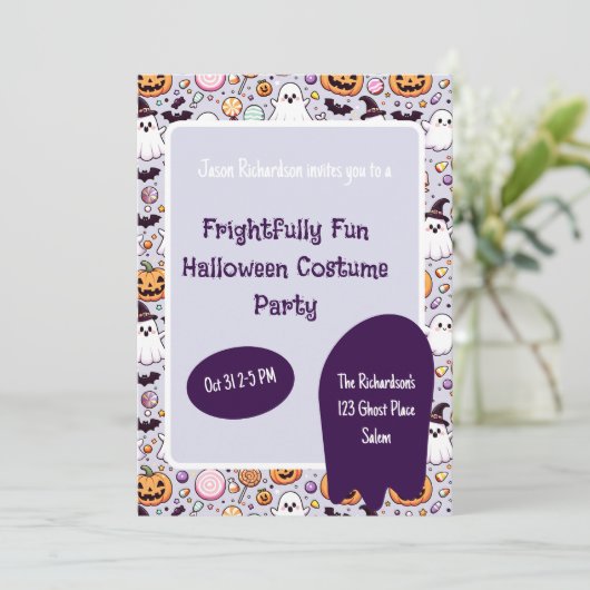 パープル幽霊キッズハローウィンパーティ招待状 招待状 (スタンド正面)