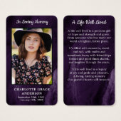 パープル悔やみや弔慰葬儀写真記念祈りの言葉カード (正面&裏面)