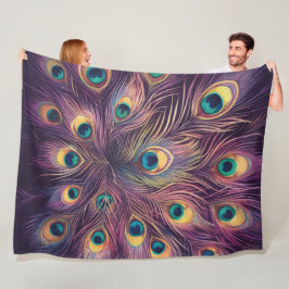 パープル懸命パステルズスケッチピーコックフェザー フリースブランケット