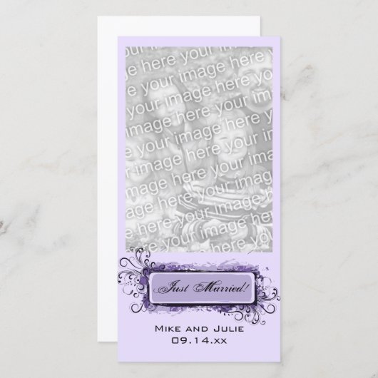 パープル抽象芸術フローラたった今結婚しました 案内状 (正面/裏面)