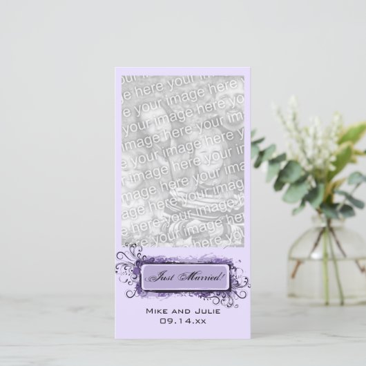 パープル抽象芸術フローラたった今結婚しました 案内状 (スタンド正面)