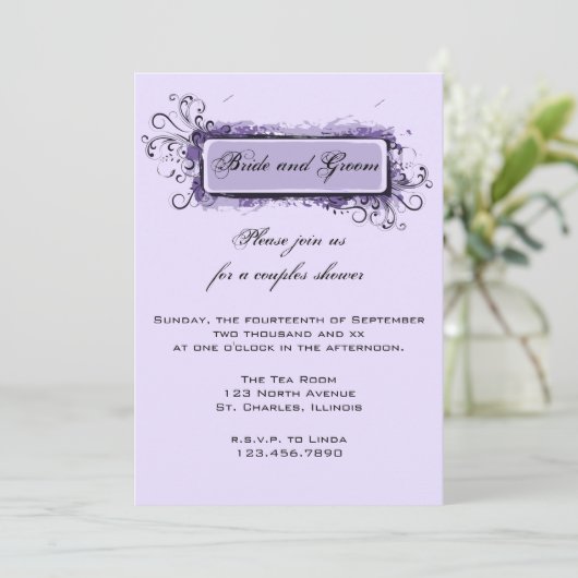 パープル抽象芸術フローラカップルウェディングシャワー 招待状 (スタンド正面)