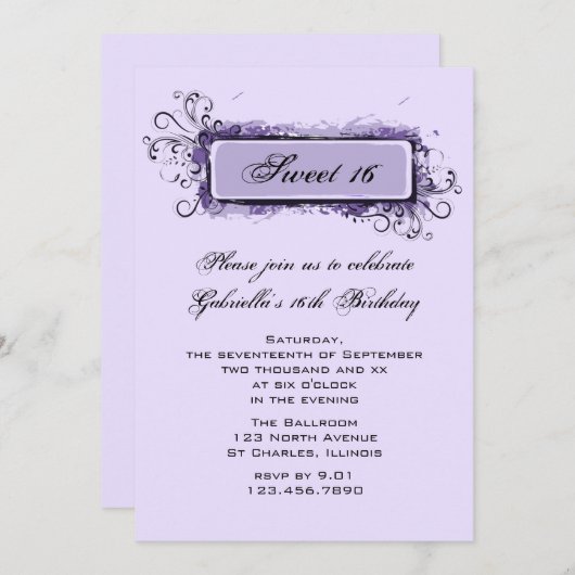 パープル抽象芸術フローラスウィート16バースデーパーティー 招待状 (正面/裏面)