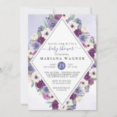 パープル明るい赤紫色フローラベビーシャワー 招待状 (正面)