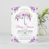 パープル春フローラ傘ベビーシャワー 招待状 (スタンド正面)
