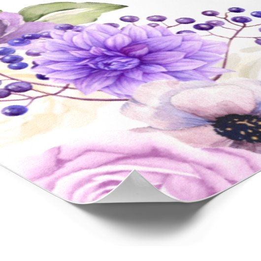 パープル春フローラ秋の結婚式ウェルカムサイン ポスター (角)