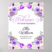 パープル春フローラ秋の結婚式ウェルカムサイン ポスター (正面)