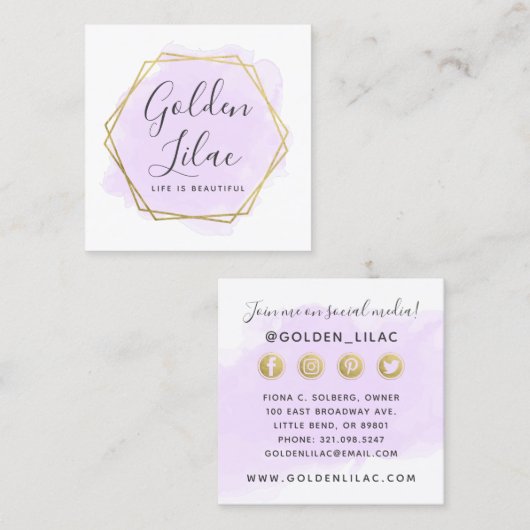 パープル水彩及び金ゴールドSNSネットワーク スクエア名刺 (正面/裏面)