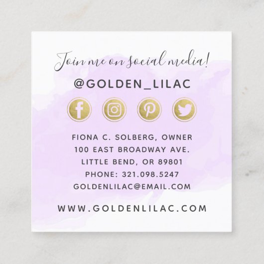 パープル水彩及び金ゴールドSNSネットワーク スクエア名刺 (裏面)