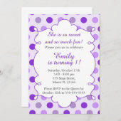 パープル水玉模様ガール誕生日招待状 招待状 (正面/裏面)