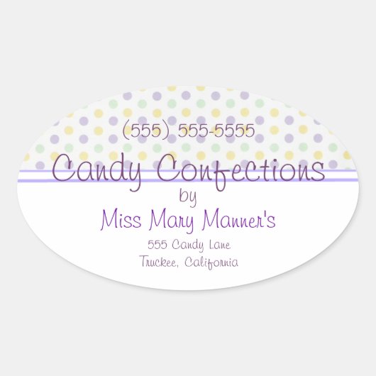 パープル水玉模様キャンディラベル 楕円形シール (正面)