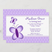 パープル水玉模様バタフライ誕生日招待状 招待状 (正面/裏面)