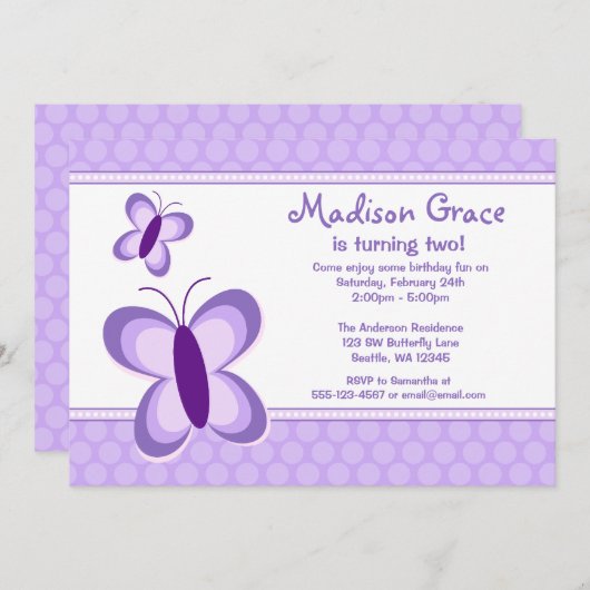 パープル水玉模様バタフライ誕生日招待状 招待状 (正面/裏面)