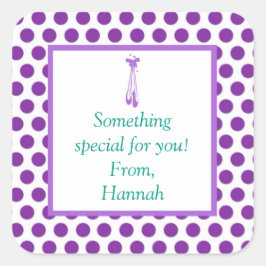 パープル水玉模様バレリーナチャイルドギフトステッカー スクエアシール
