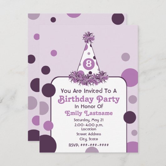 パープル水玉模様バースデーパーティーハット招待状 招待状 (正面/裏面)