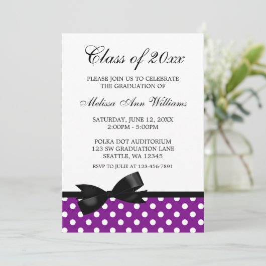 パープル水玉模様ブラックボウ卒業発表 招待状 (スタンド正面)