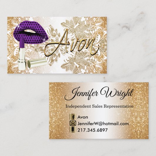パープル水玉模様リップ&金ゴールドアボン 名刺 (正面/裏面)