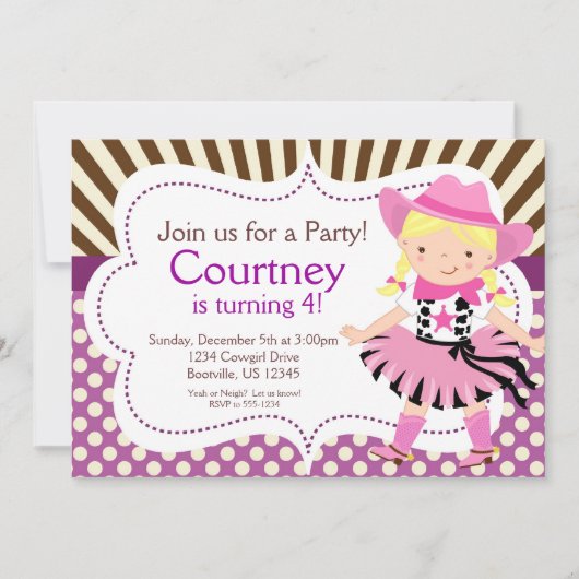 パープル水玉模様リトル女性のカーボーイ誕生パーティー 招待状 (正面)