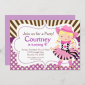 パープル水玉模様リトル女性のカーボーイ誕生パーティー 招待状 (正面/裏面)