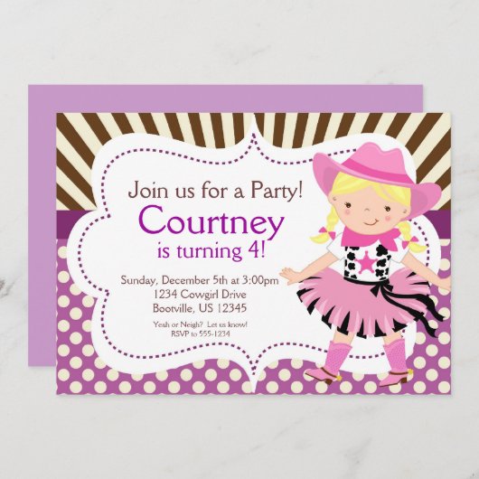 パープル水玉模様リトル女性のカーボーイ誕生パーティー 招待状 (正面/裏面)