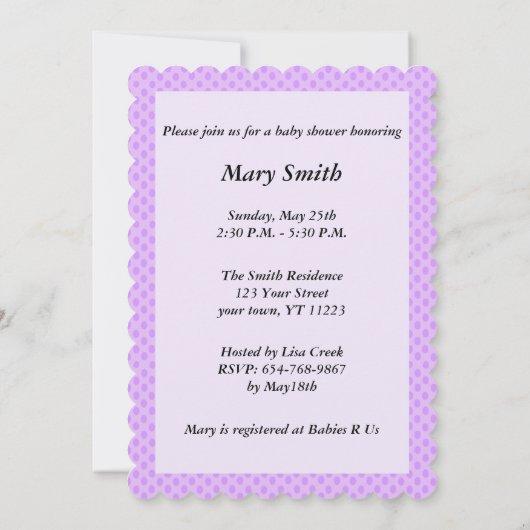 パープル水玉模様レースハートベビーシャワー招待状 招待状 (裏面)