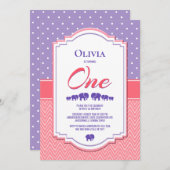 パープル水玉模様1st誕生日パーティー 招待状 (正面/裏面)