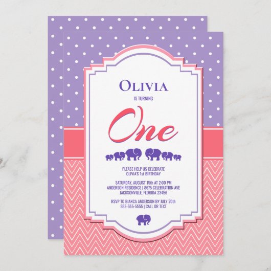 パープル水玉模様1st誕生日パーティー 招待状 (正面/裏面)