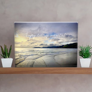 パープル海ビーチ楽しむサンセット毎時引用文 フォトブロック