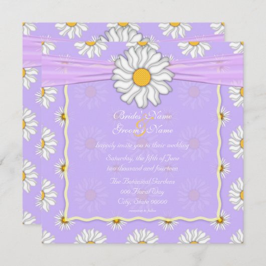 パープル淡い色のとホワイトデイジーフローラスクエア 招待状 (正面/裏面)
