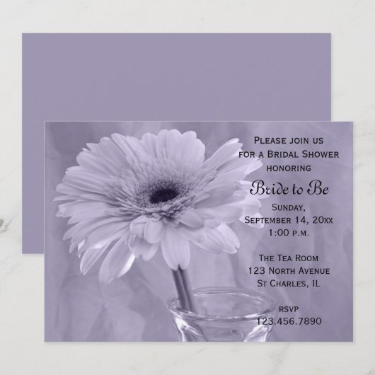 パープル淡い色のティントデイジーブライダルシャワー 招待状 (正面/裏面)