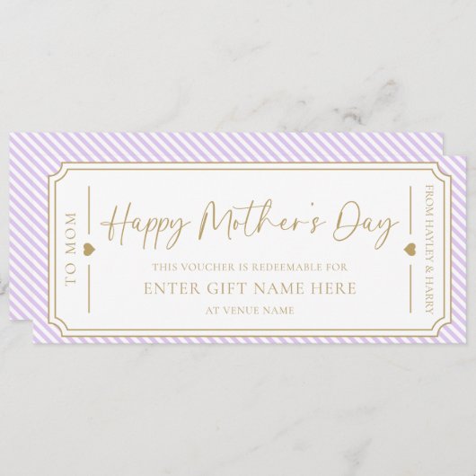 パープル淡い色のハッピーマザーズデイギフト券カード 招待状 (正面/裏面)