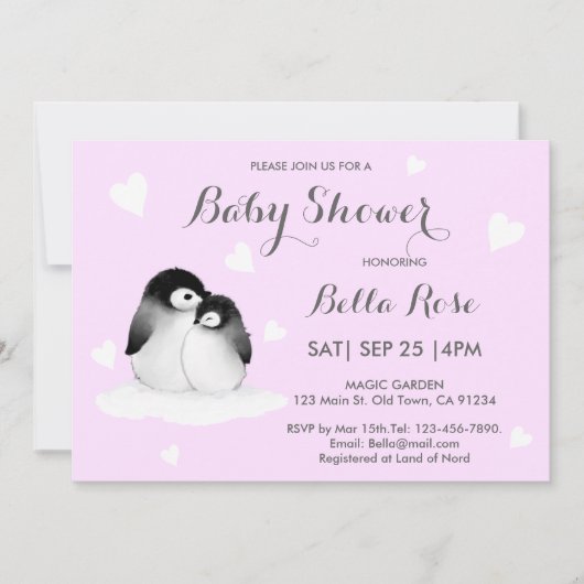 パープル淡い色のハートペンギンベビーシャワー招待状 (正面)