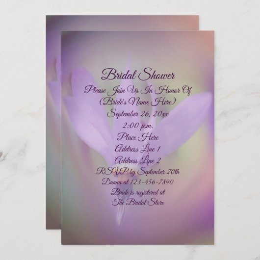 パープル淡い色のフラワーブライダルシャワー 招待状 (正面/裏面)