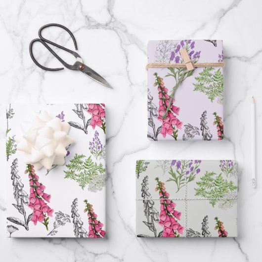 パープル淡い色の&ピンクパステルポイズンフラワーラインアート ラッピングペーパーシート (正面)