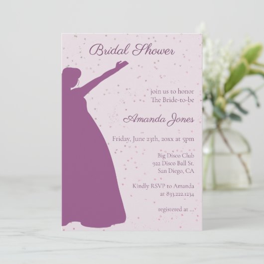 パープル熱狂するブライドへおもしろいブライダルシャワー 招待状 (スタンド正面)