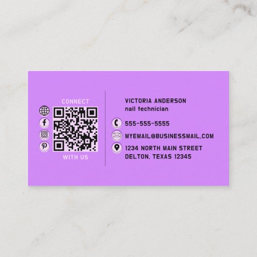 パープル爪、 ネイルグリッタードリップタイポグラフィ爪、 ネイル技術 名刺 (裏面)