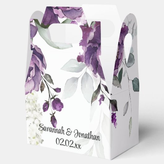 パープル牡丹とセージ緑の結婚式の引き出物 フェイバーボックス (オープン)