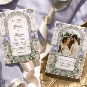 パープル牡丹と金ゴールドフレームアールヌーボー結婚ズ 招待状