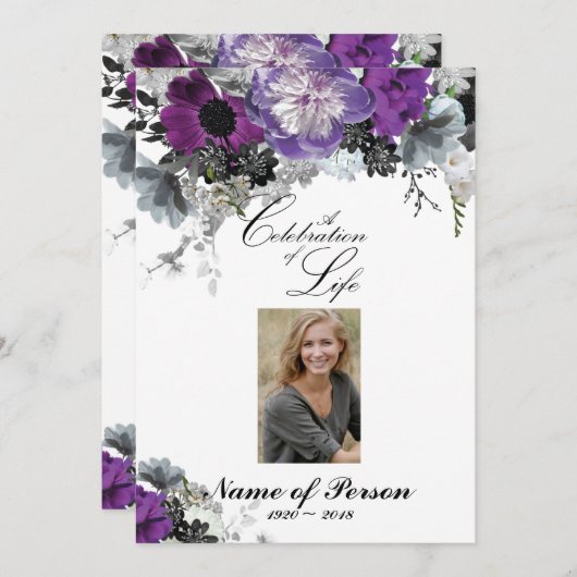 パープル牡丹の祝祭の人生の葬儀招待状 招待状 (正面/裏面)