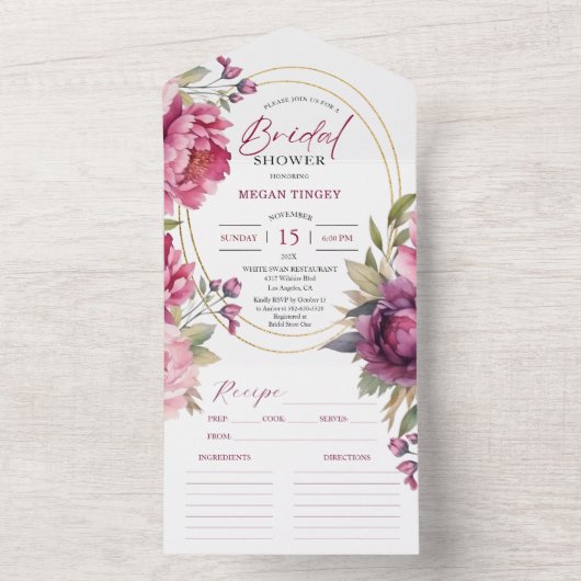 パープル牡丹ブライダルシャワーレシピオールインワン オールインワン招待状 (内側)