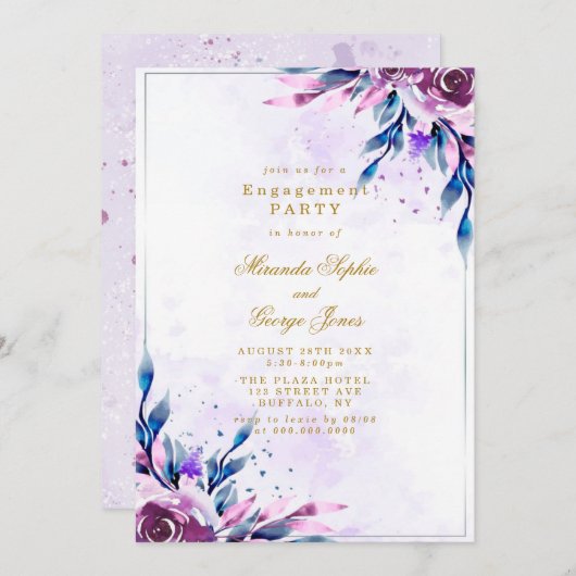 パープル牡丹金ゴールド幾何学婚約パーティ 招待状 (正面/裏面)