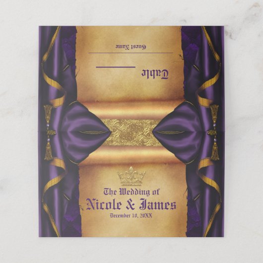 パープル王室のと金ゴールドドレープのス結婚クロールの表 プレイスカード (外部開封)