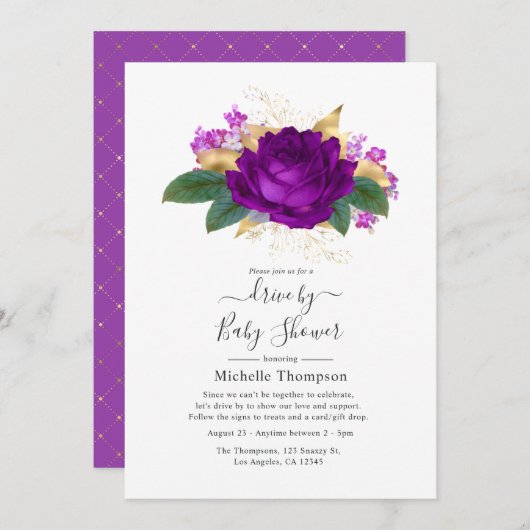 パープル王室のと金ゴールドフローラドライブ(シャワー付) 招待状 (正面/裏面)