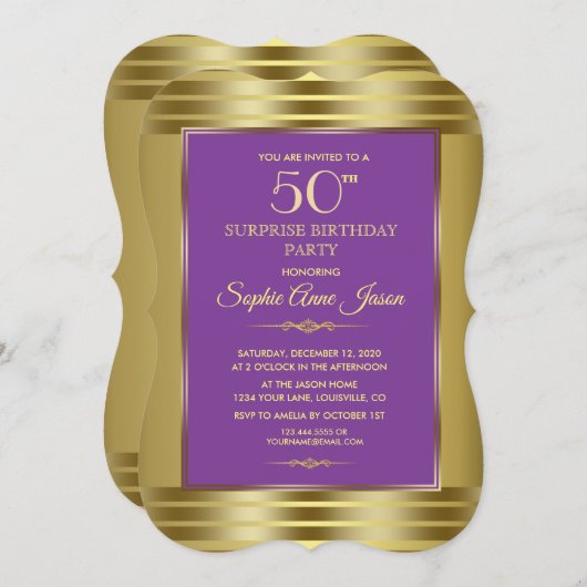パープル王室のと金ゴールド誕生日パーティー招待状 招待状 (正面/裏面)