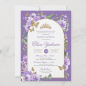 パープル王室のウォーターカラーゴールデンバタフライカンス 招待状 (正面)