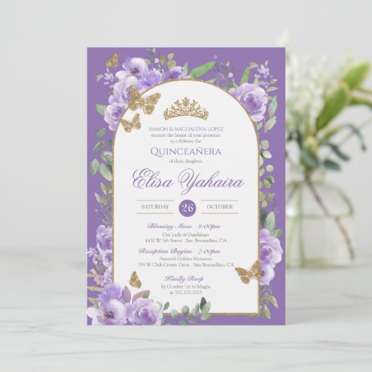 パープル王室のウォーターカラーゴールデンバタフライカンス 招待状 (スタンド正面)