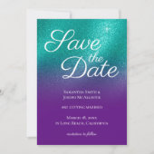 パープル王室のティール（緑がかった色）グリッターグラデーション日付の保存 招待状 (正面)