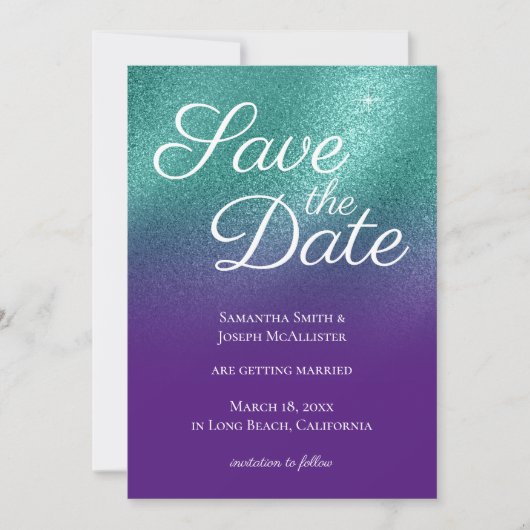 パープル王室のティール（緑がかった色）グリッターグラデーション日付の保存 招待状 (正面)