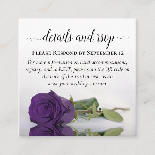 パープル王室のバラの結婚詳細とRSVP QRコード エンクロージャーカード (正面)